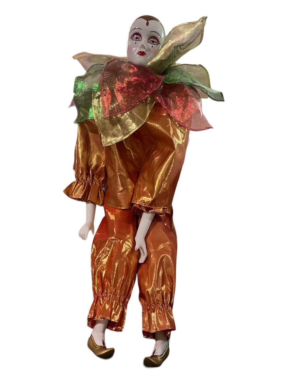 Harlequin Clown Doll Porcelsin Face, Hands & Feet Opalescent Costume 26” Tall